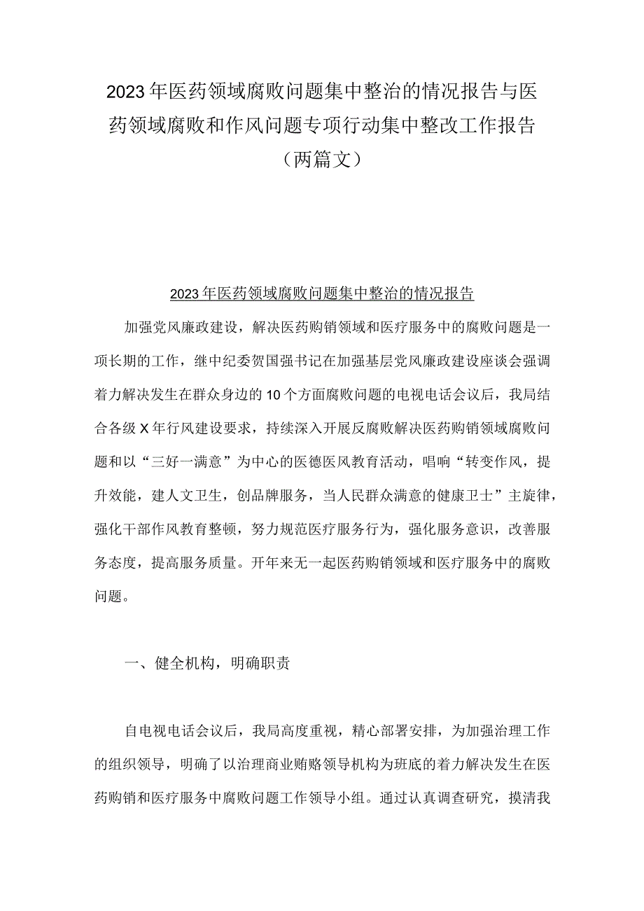 2023年医药领域腐败问题集中整治的情况报告与医药领域腐败和作风问题专项行动集中整改工作报告（两篇文）.docx_第1页