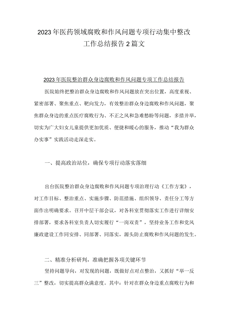 2023年医药领域腐败和作风问题专项行动集中整改工作总结报告2篇文.docx_第1页