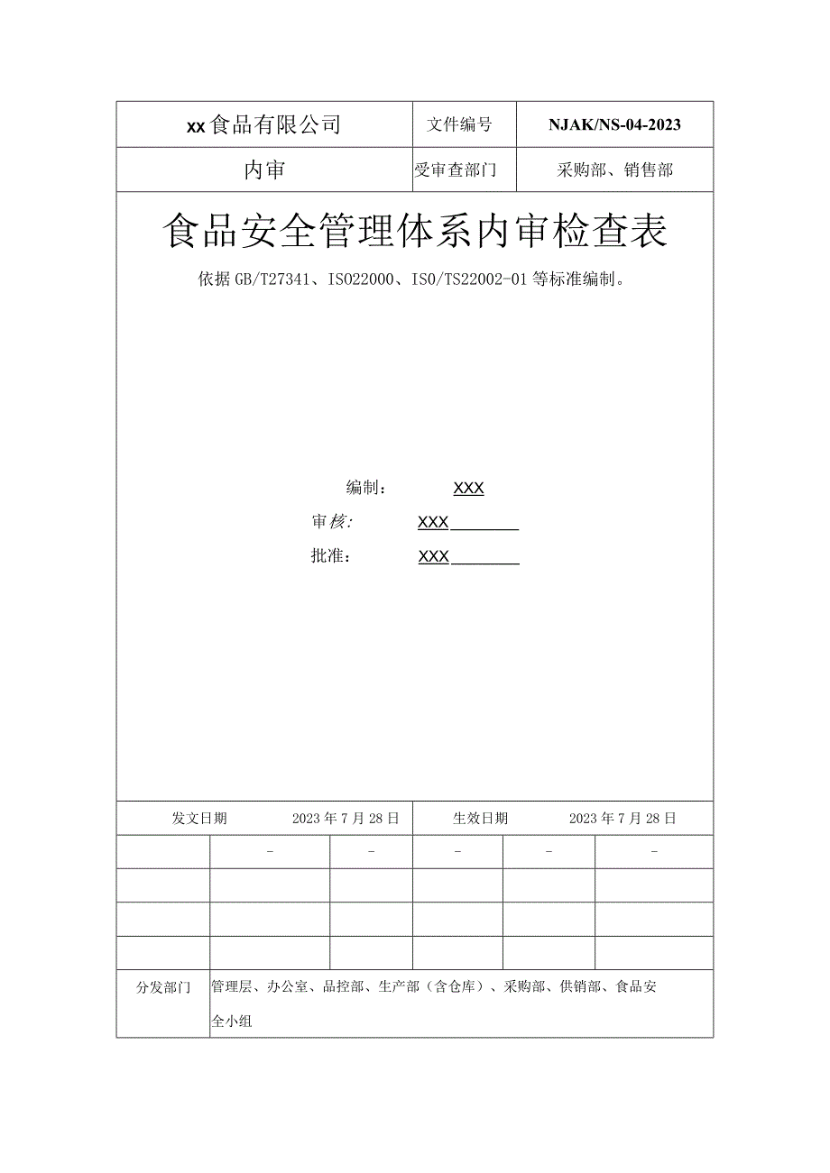 食品安全管理体系内审检查表（采购部、供销部）范文.docx_第1页