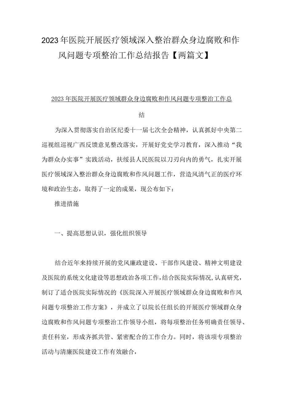 2023年医院开展医疗领域深入整治群众身边腐败和作风问题专项整治工作总结报告【两篇文】.docx_第1页