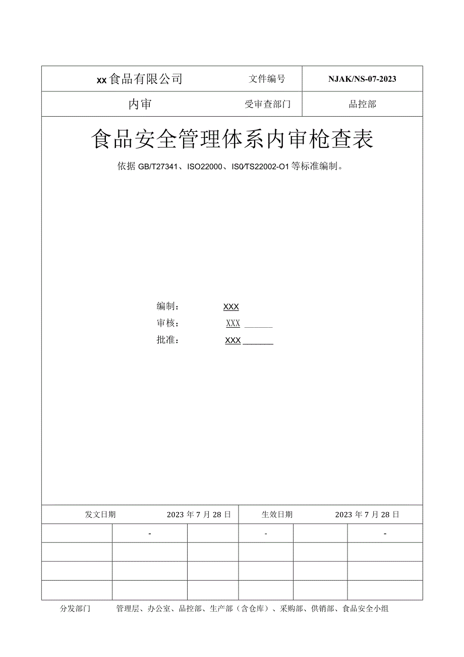 食品安全管理体系内审检查表（品控部）范文.docx_第1页