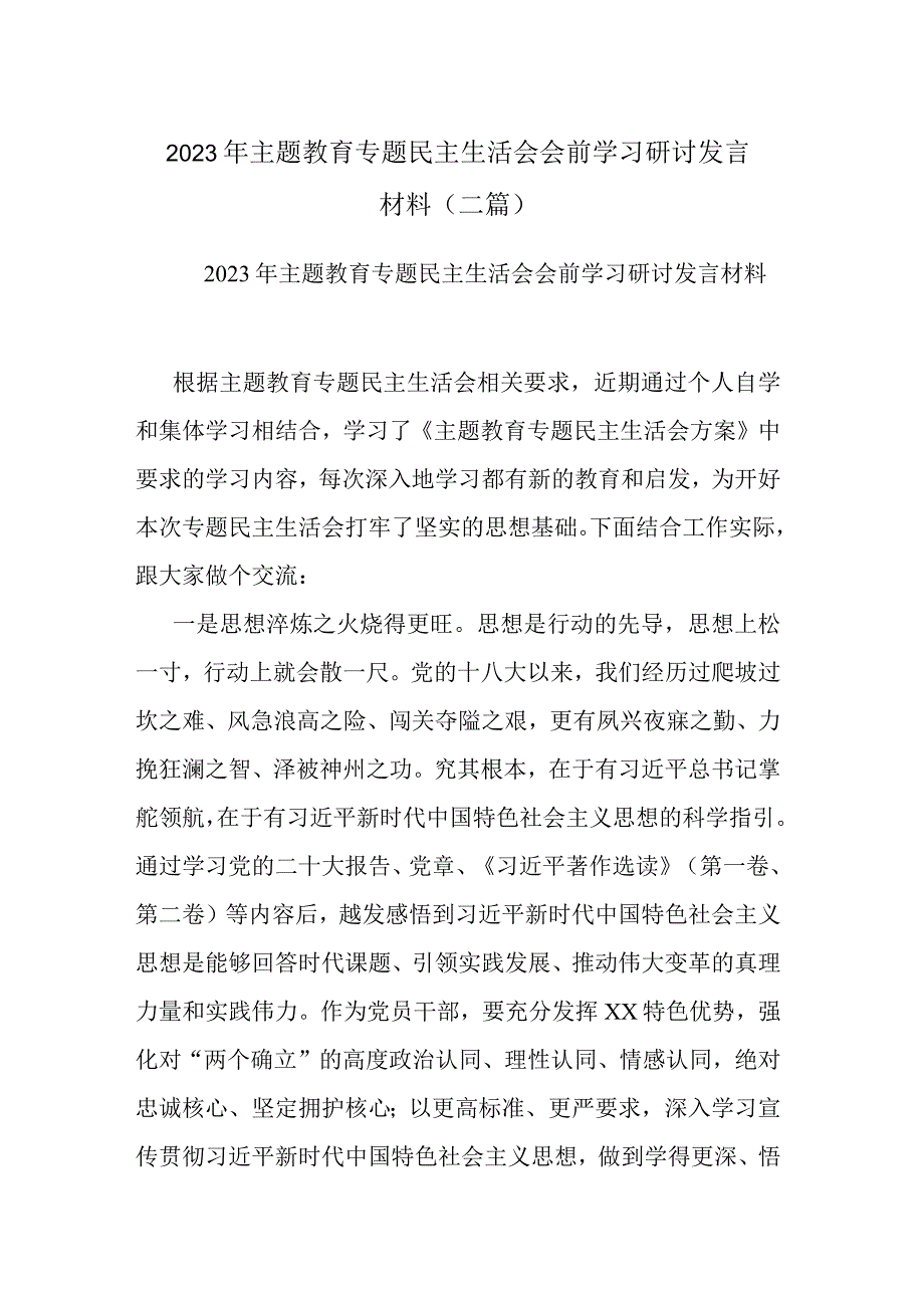 2023年主题教育专题民主生活会会前学习研讨发言材料(二篇).docx_第1页