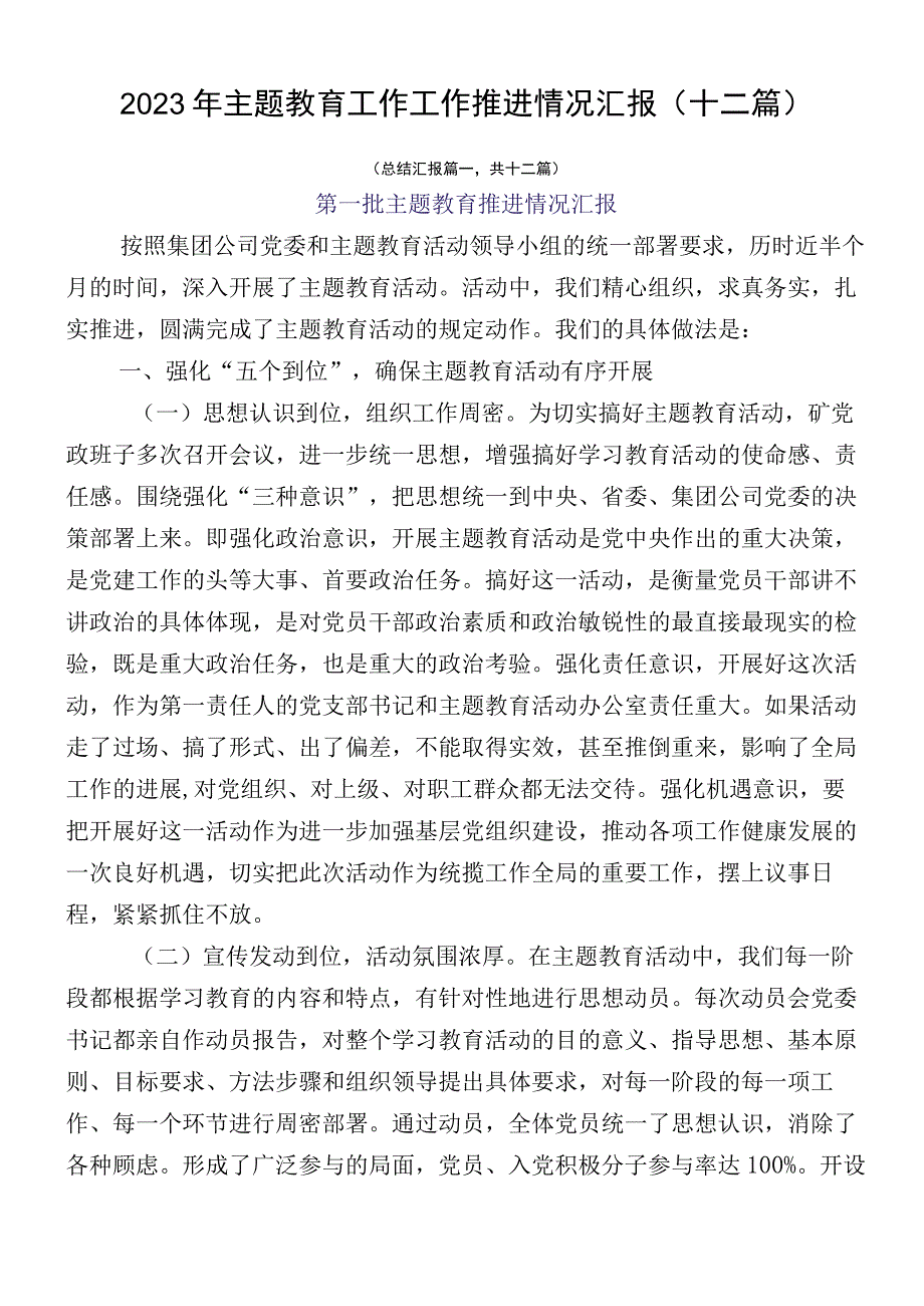 2023年主题教育工作工作推进情况汇报（十二篇）.docx_第1页