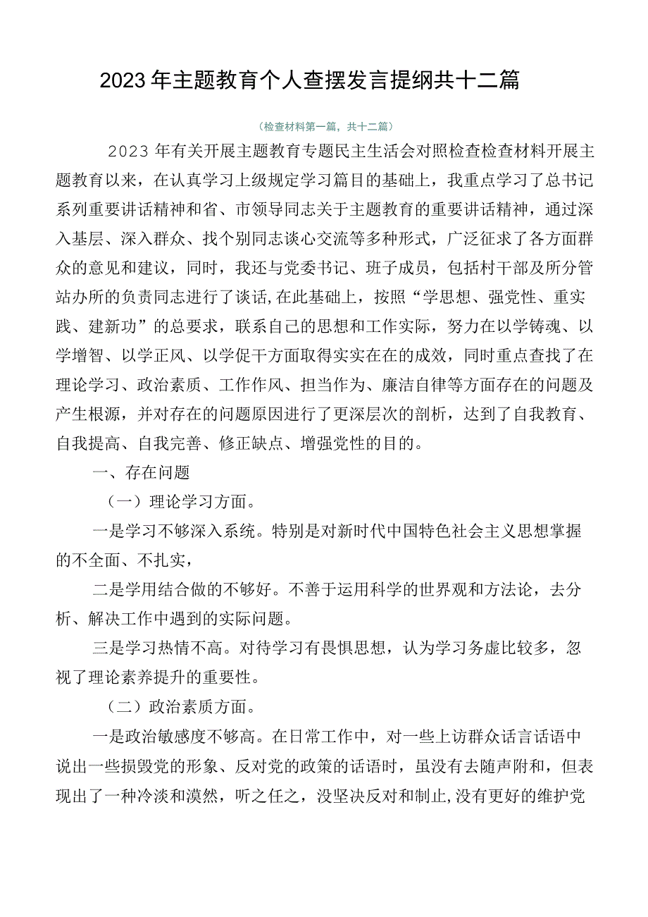 2023年主题教育个人查摆发言提纲共十二篇.docx_第1页