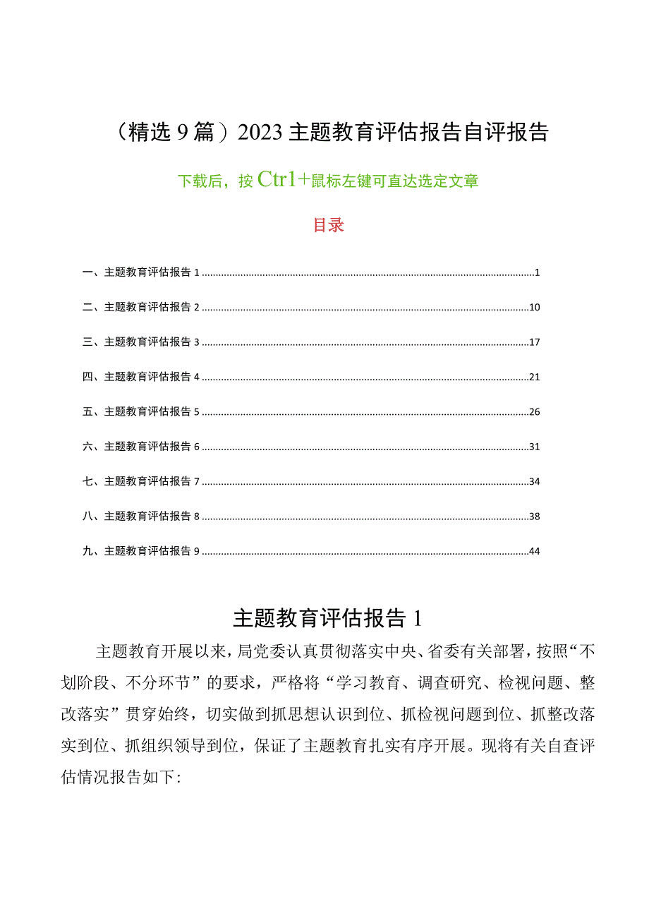 (精选9篇)2023主题教育评估报告自评报告工作总结报告.docx_第1页