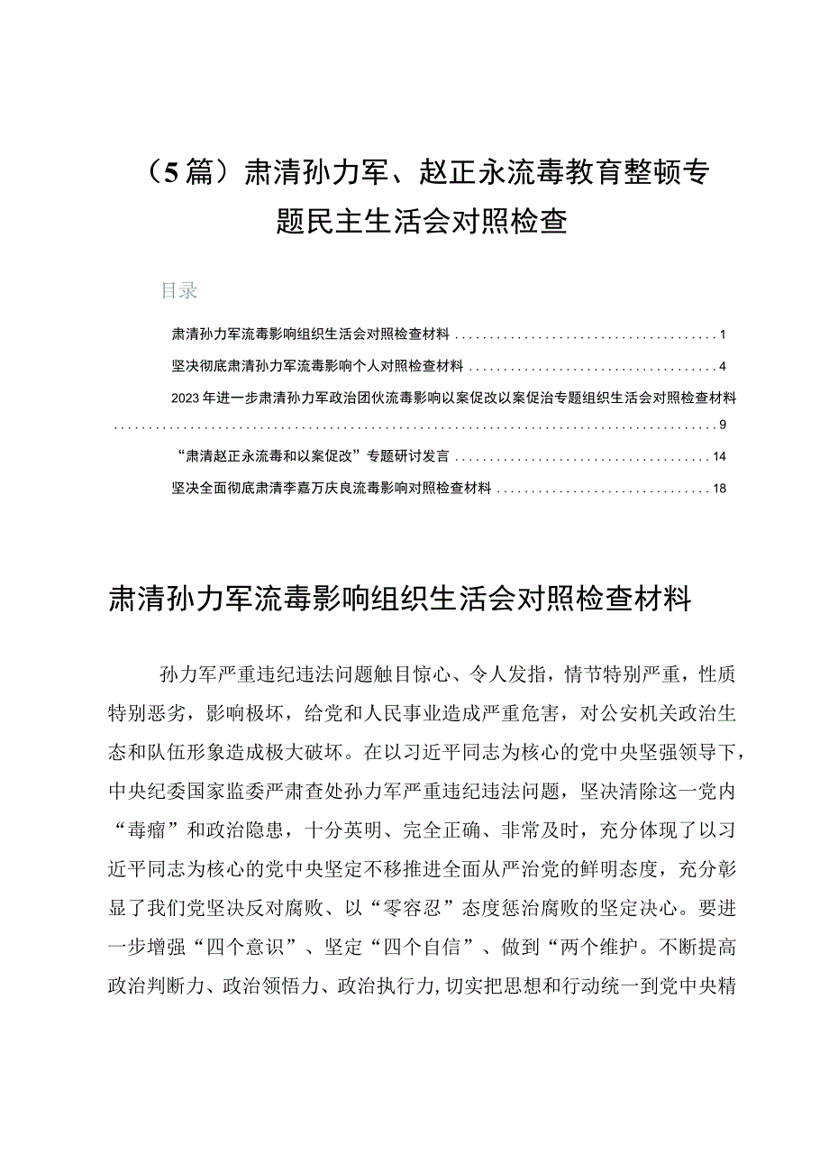 （5篇）肃清孙力军、赵正永流毒教育整顿专题民主生活会对照检查.docx_第1页