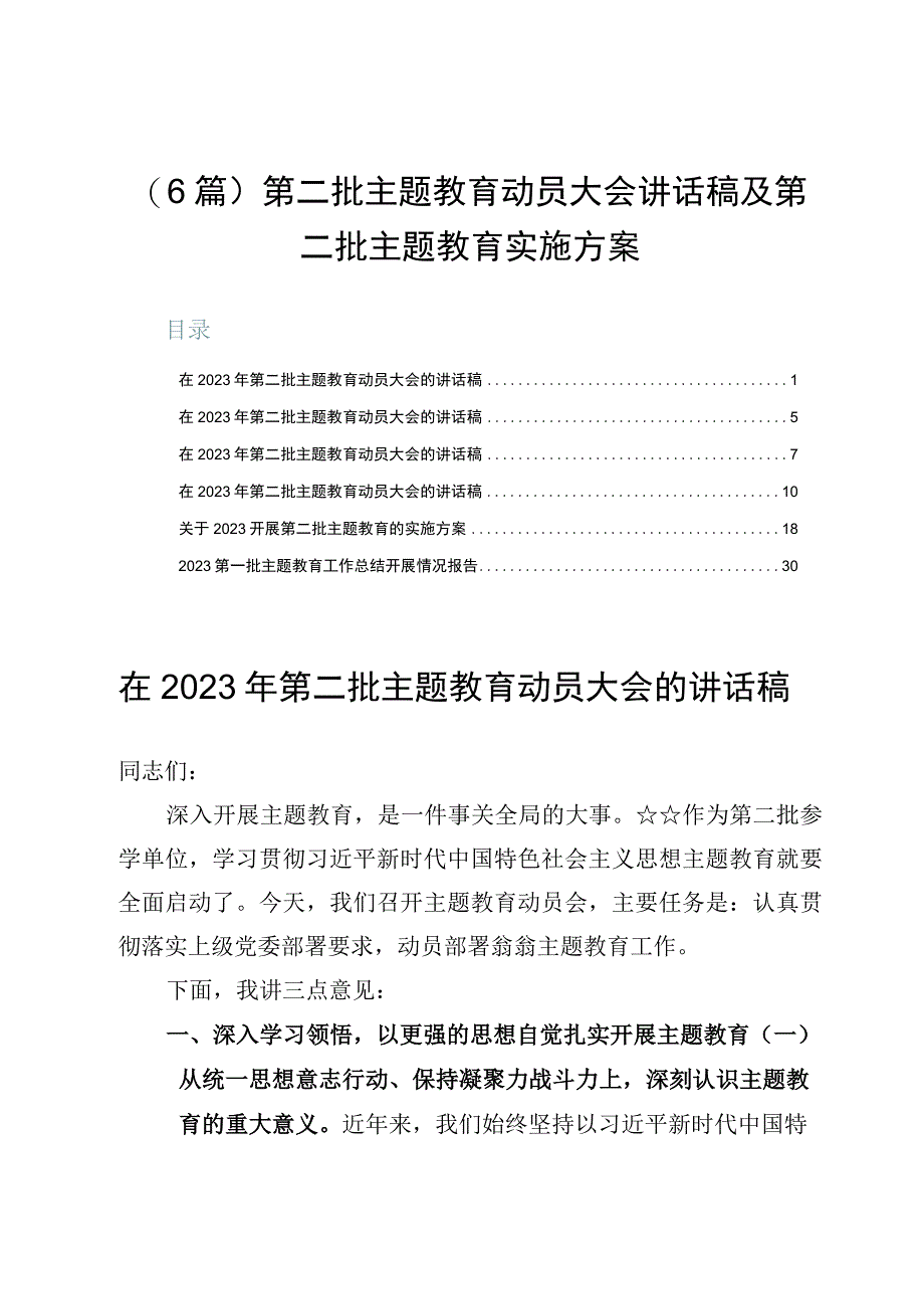 （6篇）第二批主题教育动员大会讲话稿及第二批主题教育实施方案.docx_第1页