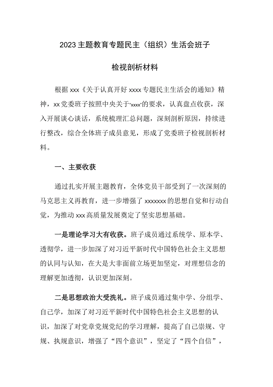 2023主题教育专题民主（组织）生活会班子检视剖析材料.docx_第1页