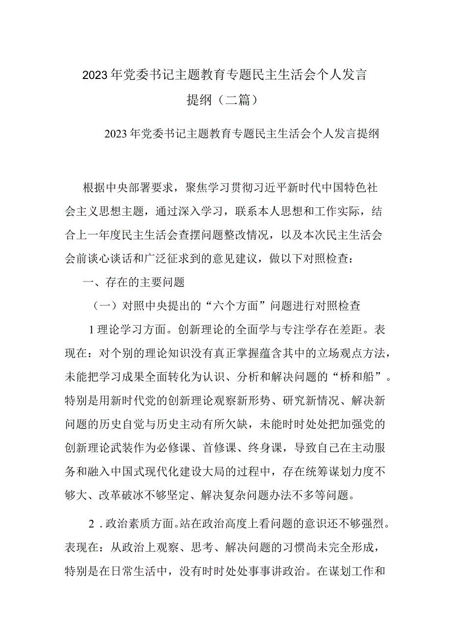 2023年党委书记主题教育专题民主生活会个人发言提纲(二篇).docx_第1页