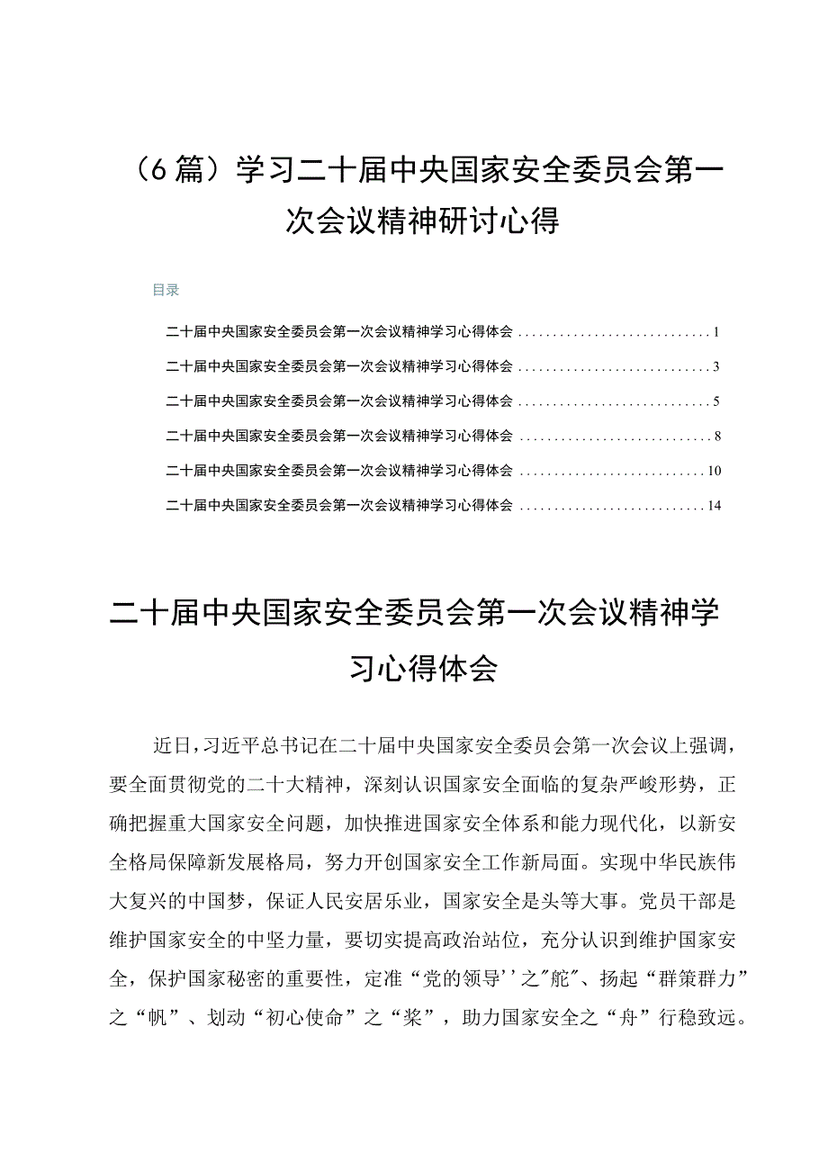 （6篇）学习二十届中央国家安全委员会第一次会议精神研讨心得.docx_第1页