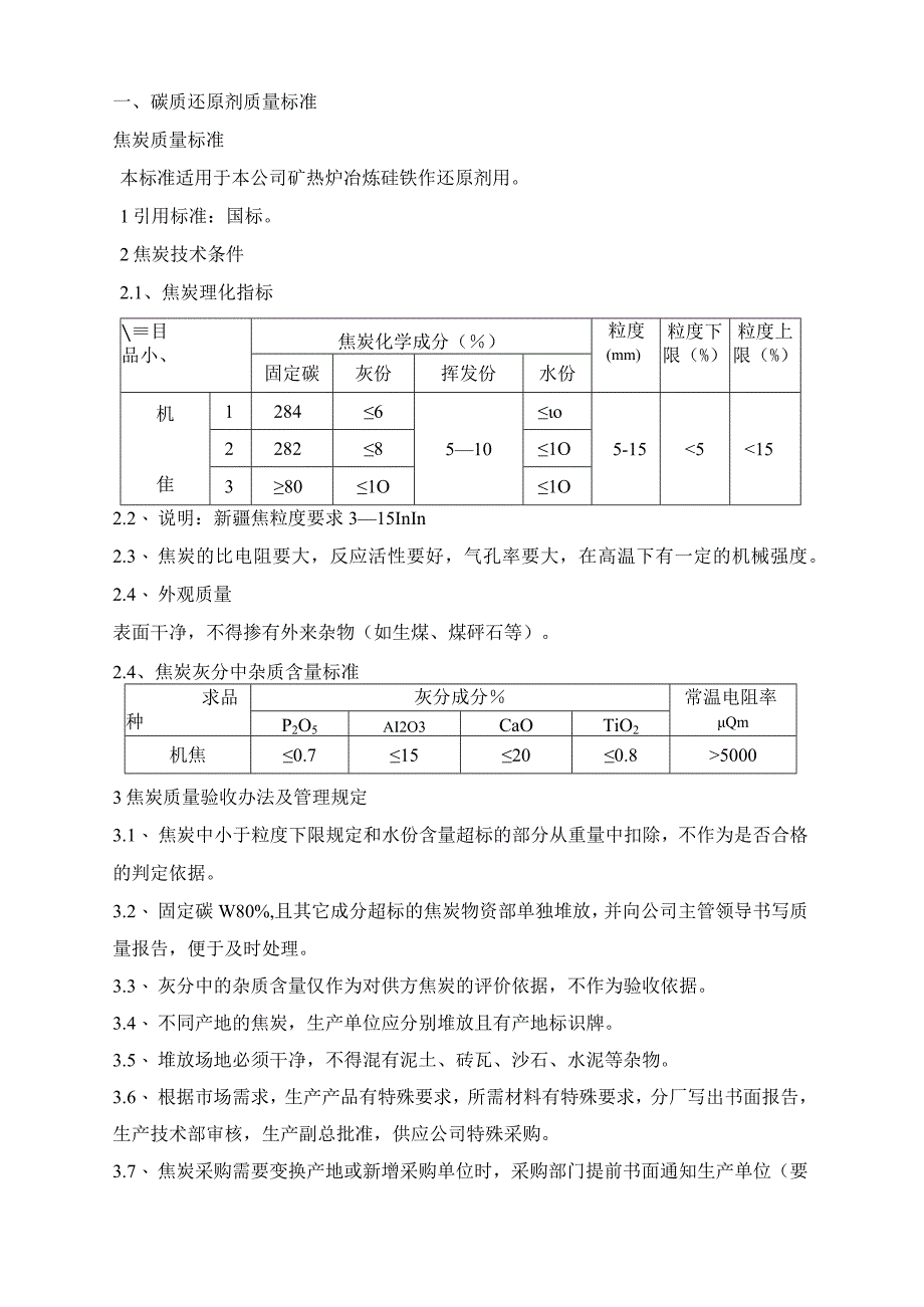 12500Kv.A矿热炉生产硅铁主要原辅材料质量控制标准工厂标准.docx_第1页