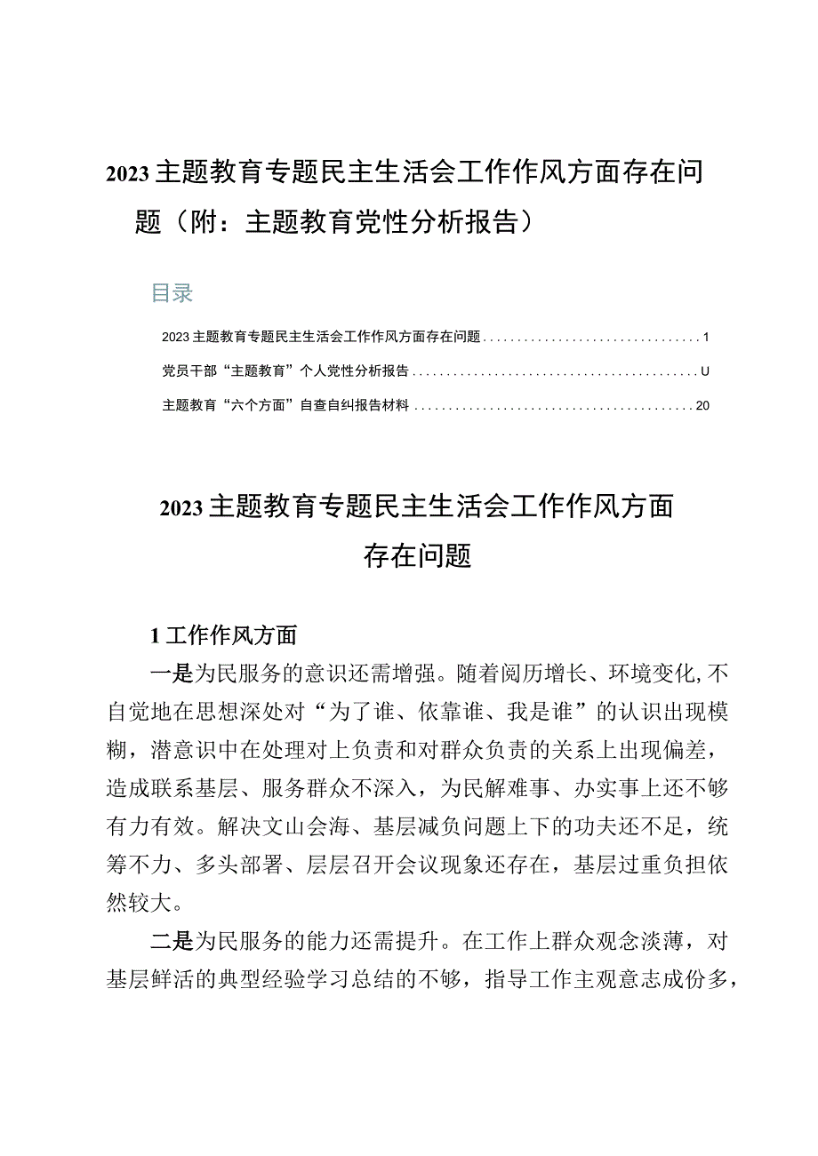 2023主题教育专题民主生活会工作作风方面存在问题（附：主题教育党性分析报告）.docx_第1页