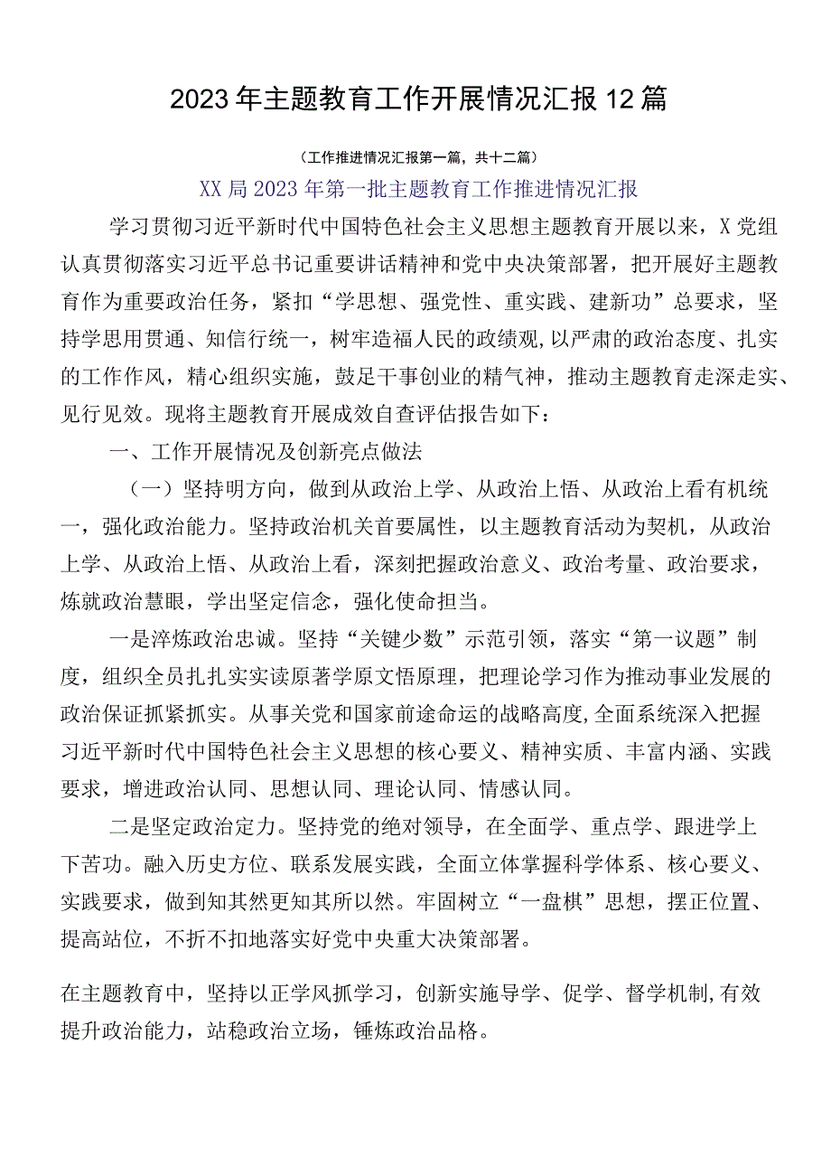 2023年主题教育工作开展情况汇报12篇.docx_第1页