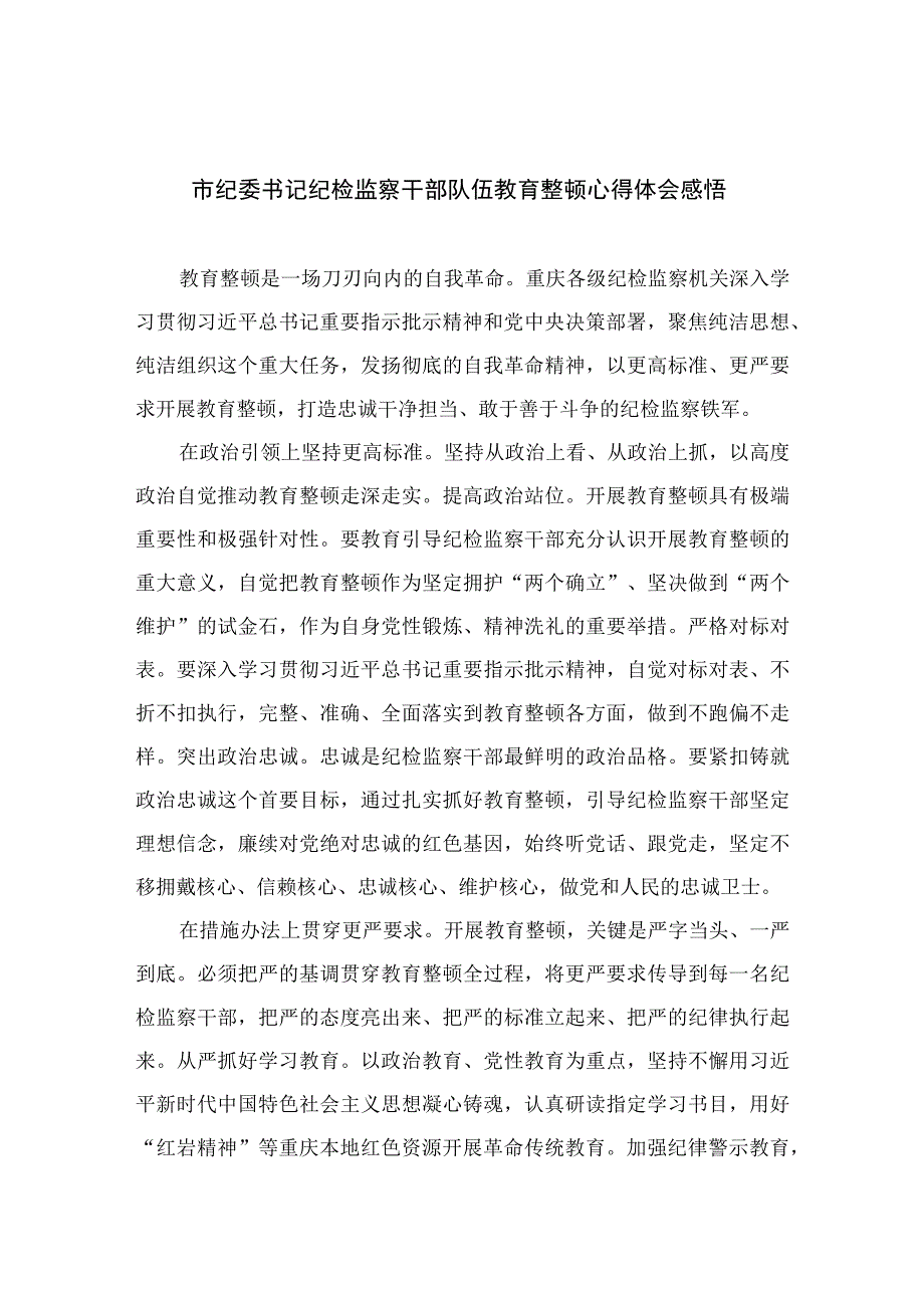 2023市纪委书记纪检监察干部队伍教育整顿心得体会感悟（10篇）.docx_第1页