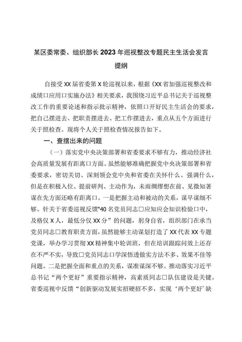 2023年巡视整改专题民主生活会发言提纲.docx_第1页