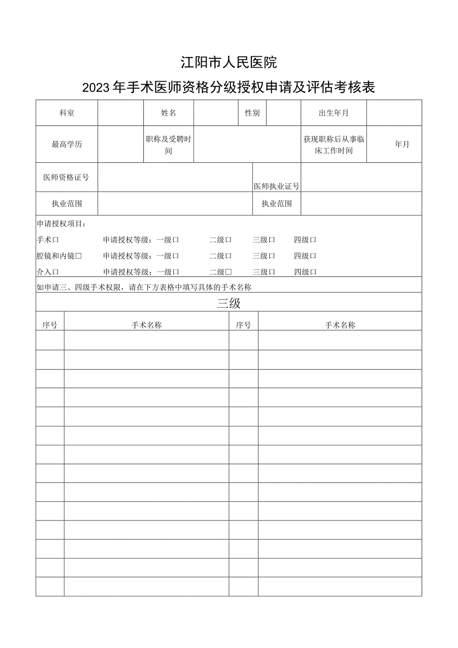 （最新）2023年手术医师资格分级授权申请及评估考核表.docx_第1页