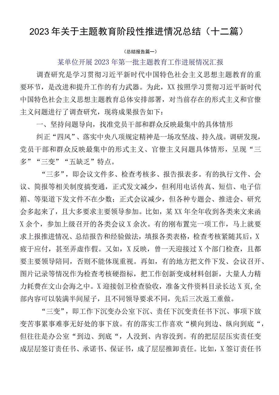 2023年关于主题教育阶段性推进情况总结（十二篇）.docx_第1页