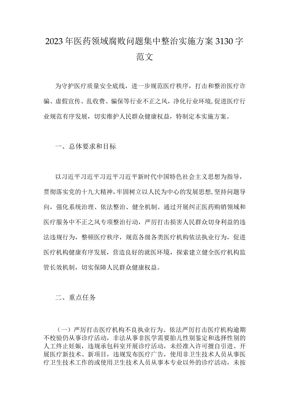 2023年医药领域腐败问题集中整治实施方案3130字范文.docx_第1页