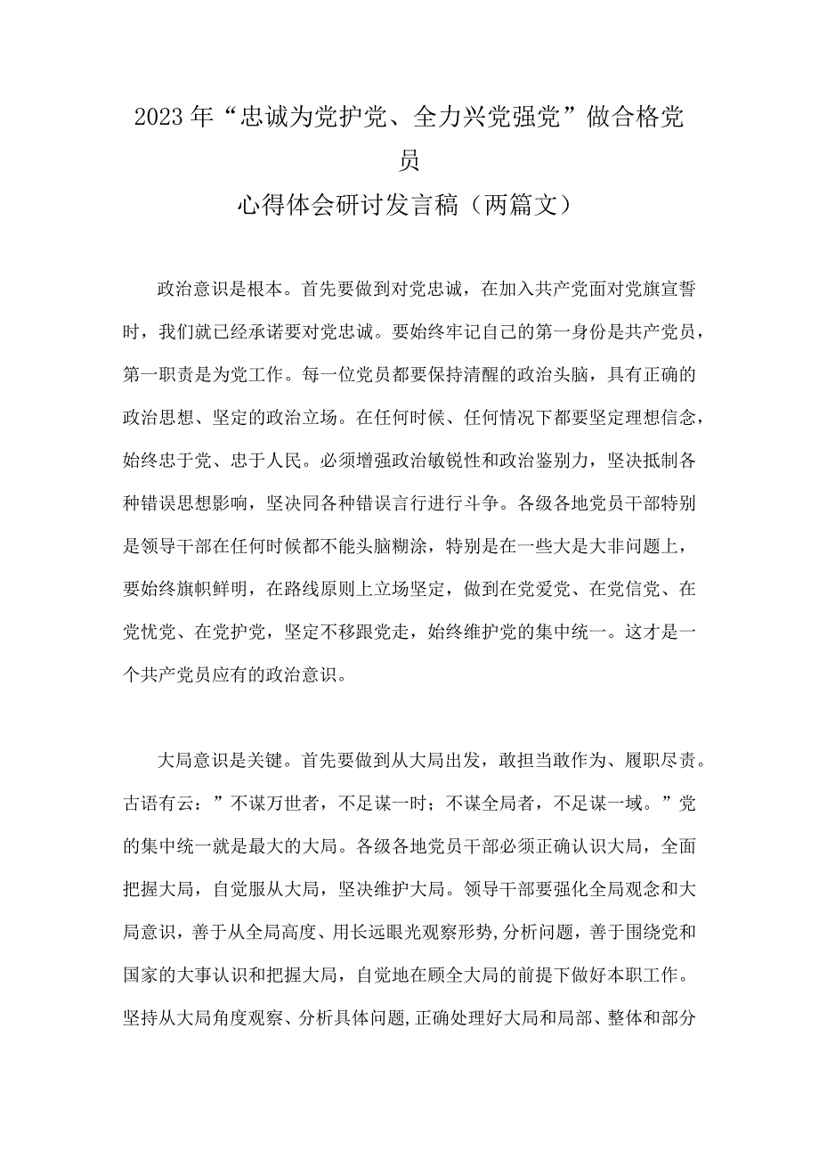 2023年“忠诚为党护党、全力兴党强党”做合格党员心得体会研讨发言稿（两篇文）.docx_第1页