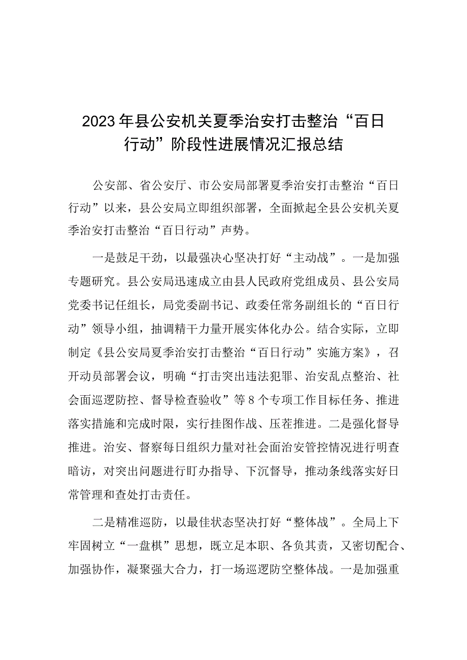 2023年县公安机关夏季治安打击整治“百日行动”阶段性进展情况汇报总结六篇.docx_第1页