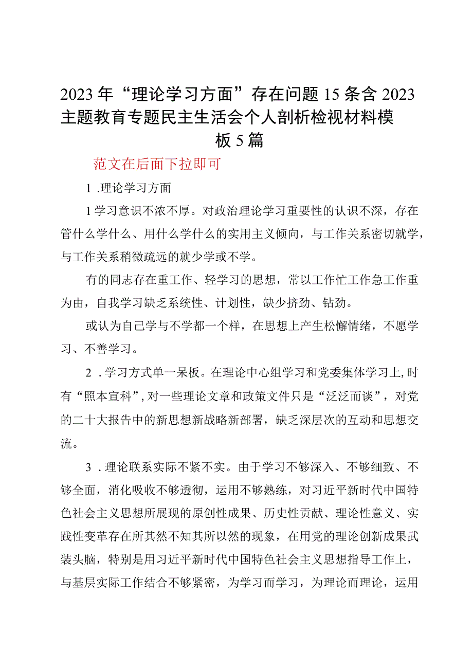 2023年“理论学习方面”存在问题15条含2023主题教育专题民主生活会个人剖析检视材料模板5篇.docx_第1页