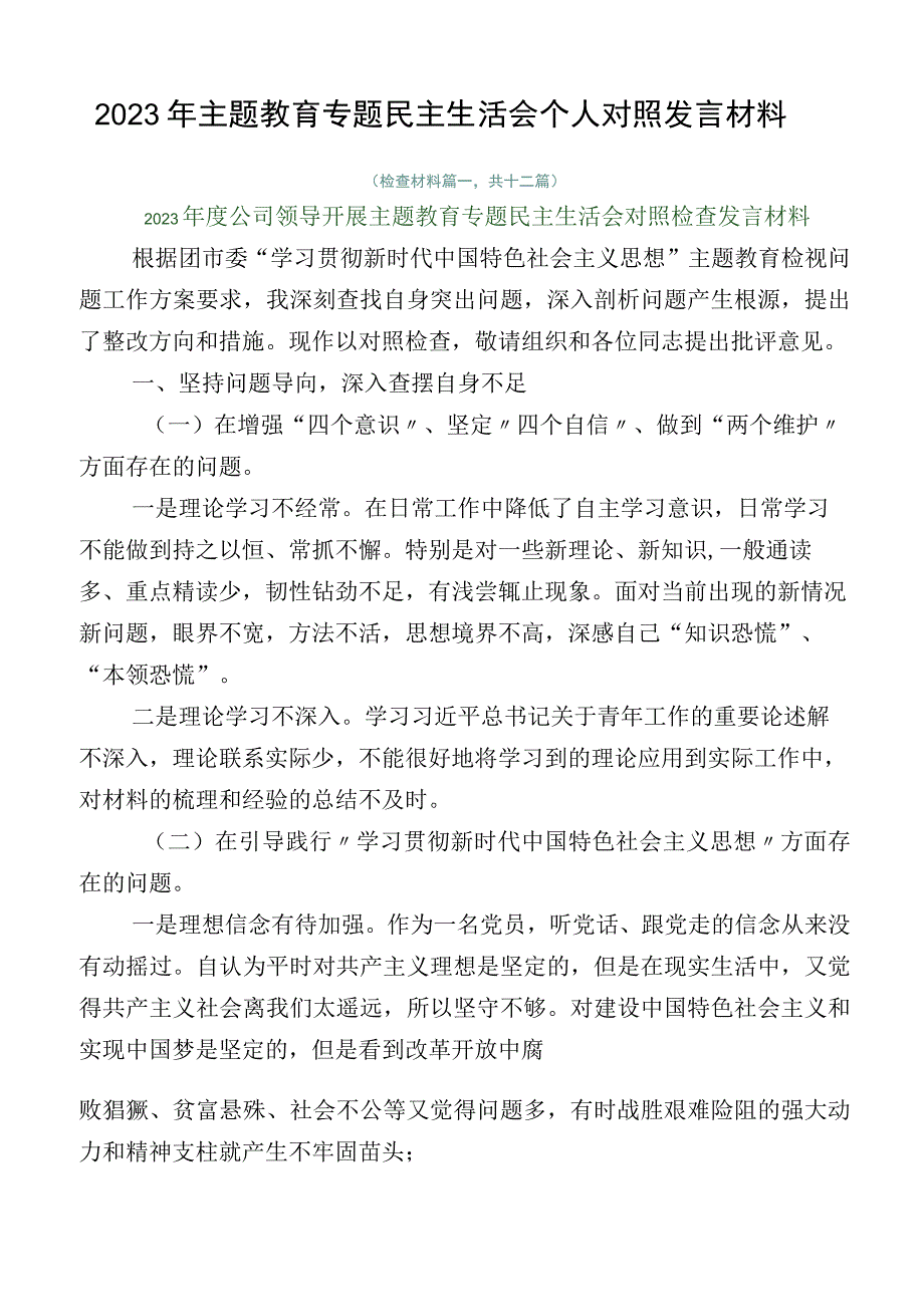 2023年主题教育专题民主生活会个人对照发言材料.docx_第1页