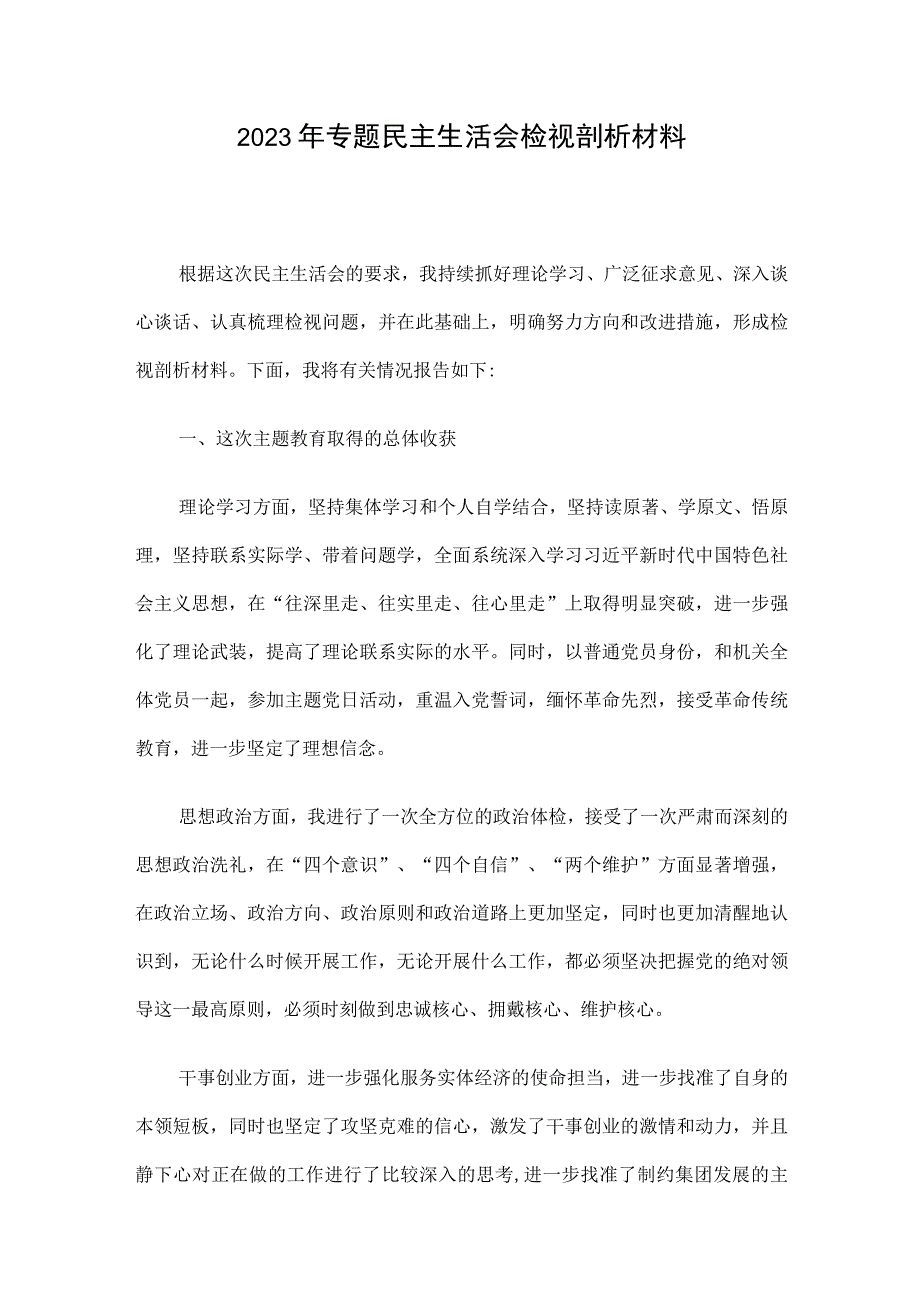 2023年专题民主生活会检视剖析材料(1).docx_第1页