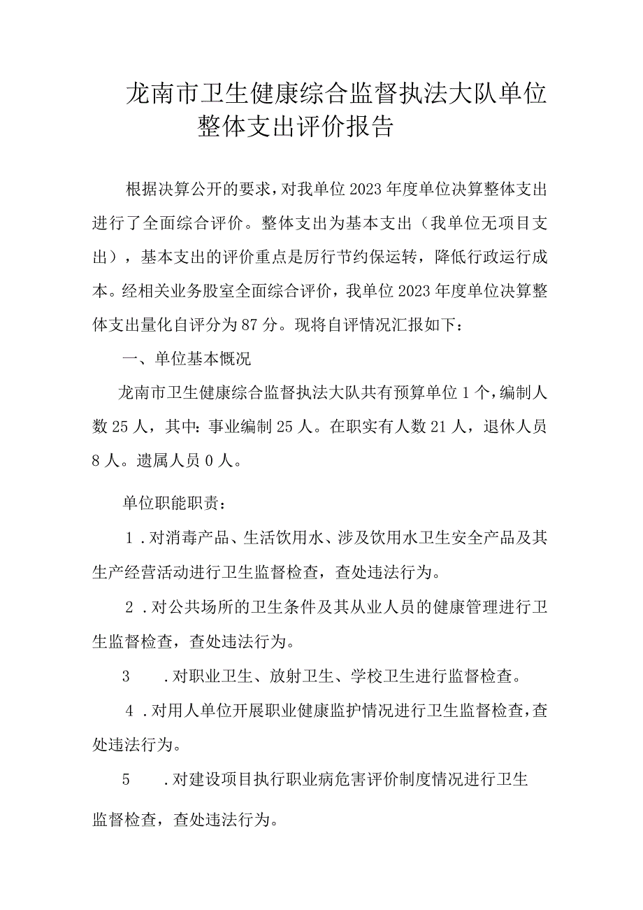 龙南市卫生健康综合监督执法大队单位整体支出评价报告.docx_第1页