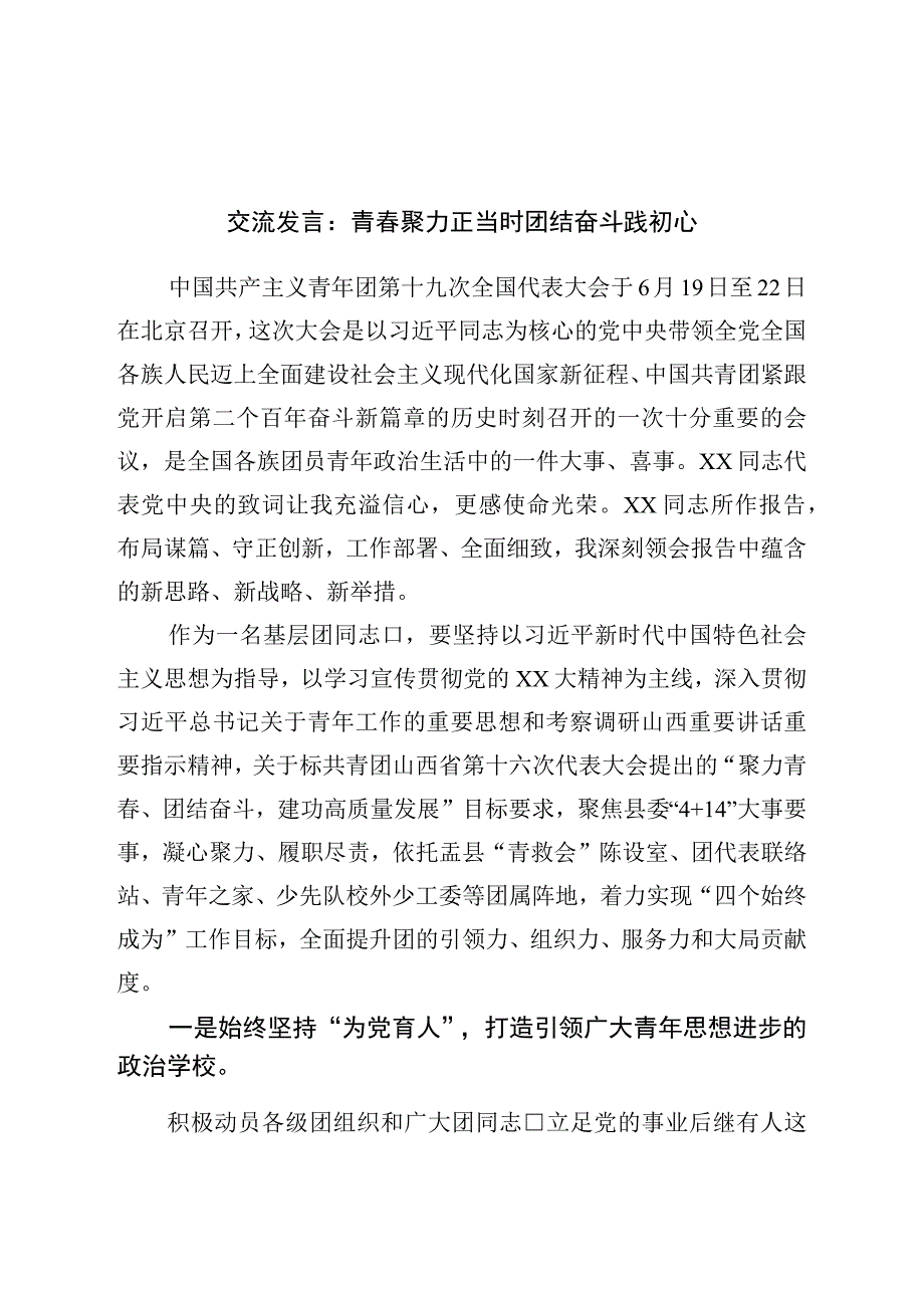 青年干部座谈交流发言：青春聚力正当时团结奋斗践初心.docx_第1页