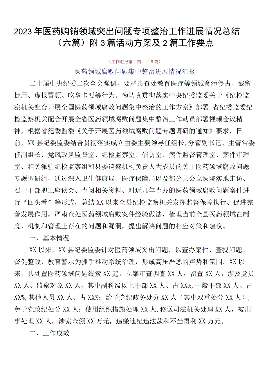 2023年医药购销领域突出问题专项整治工作进展情况总结（六篇）附3篇活动方案及2篇工作要点.docx_第1页