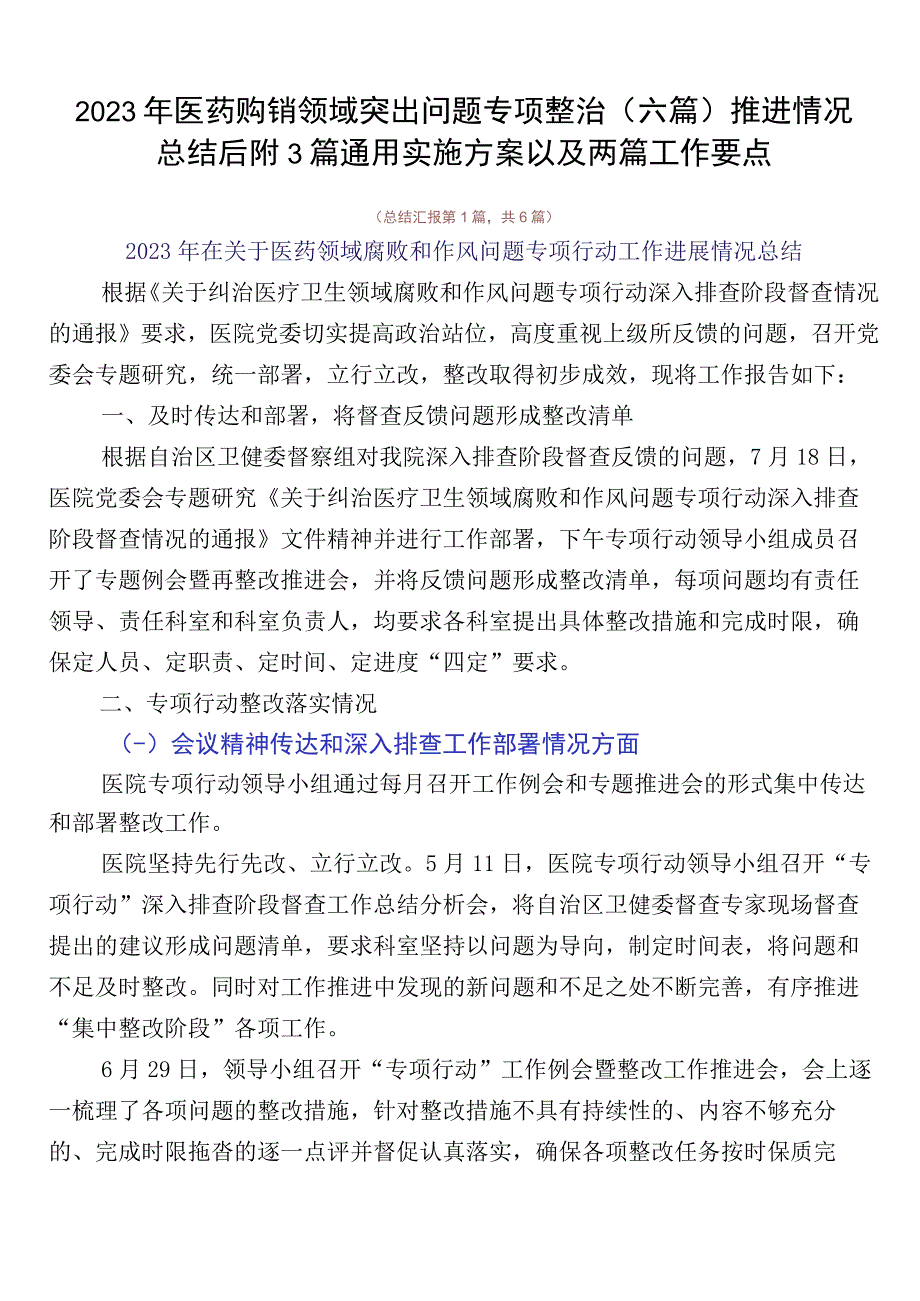 2023年医药购销领域突出问题专项整治（六篇）推进情况总结后附3篇通用实施方案以及两篇工作要点.docx_第1页