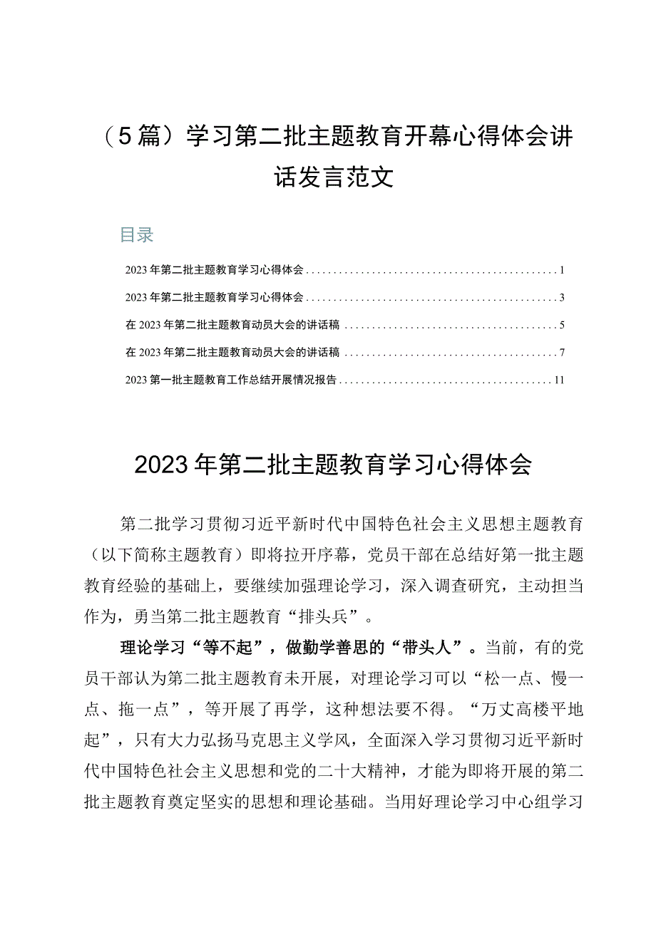 （5篇）学习第二批主题教育开幕心得体会讲话发言范文.docx_第1页