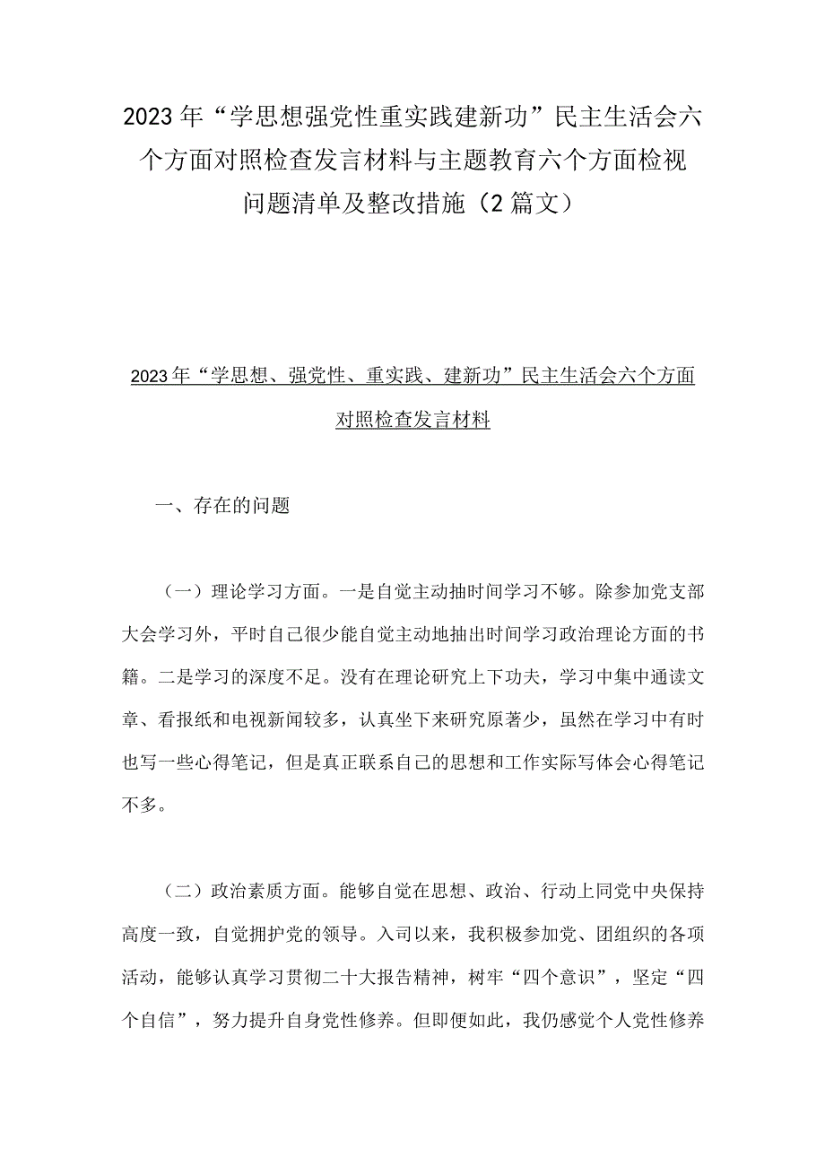 2023年“学思想强党性重实践建新功”民主生活会六个方面对照检查发言材料与主题教育六个方面检视问题清单及整改措施（2篇文）.docx_第1页