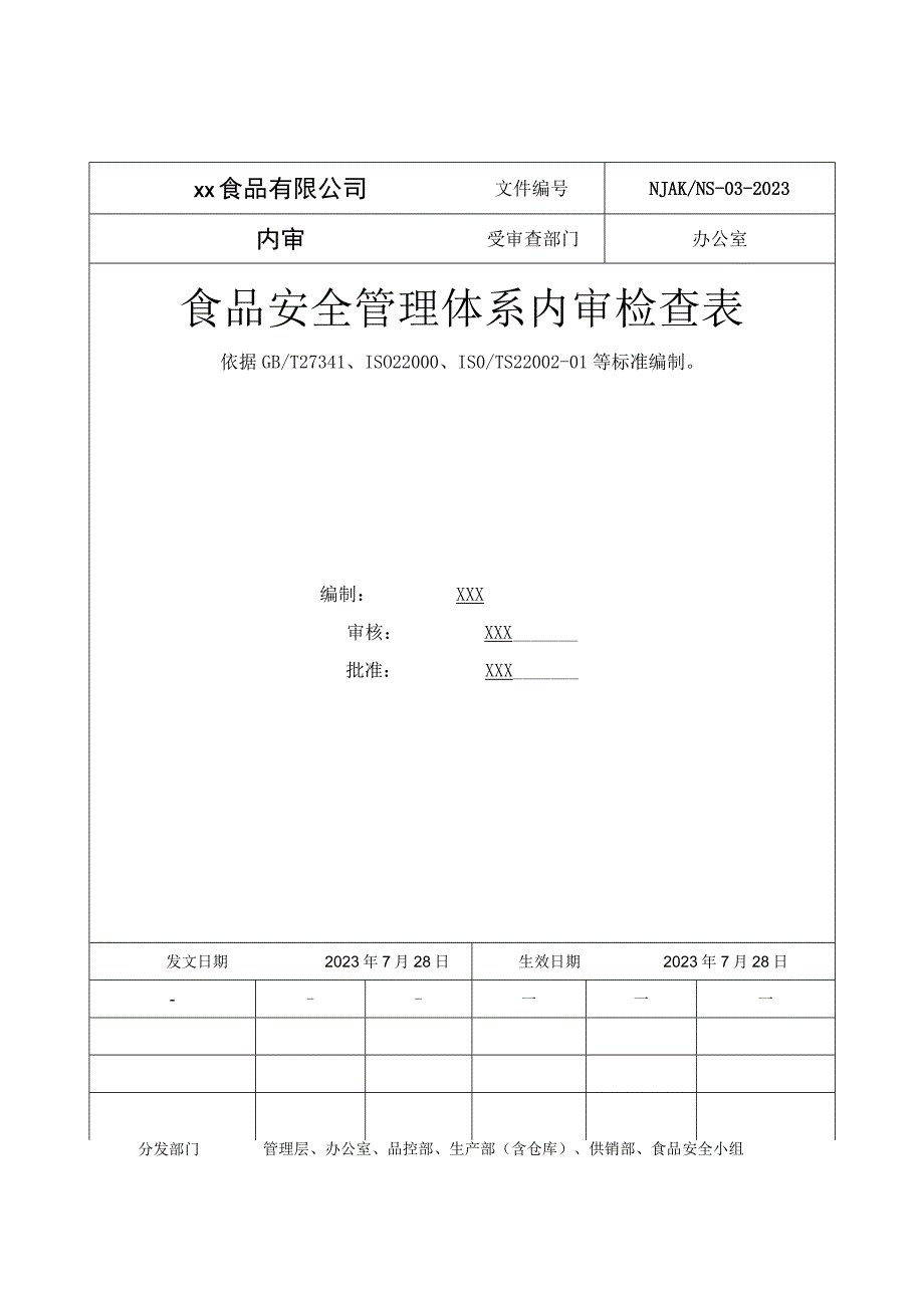 食品安全管理体系内审检查表（办公室）.docx_第1页