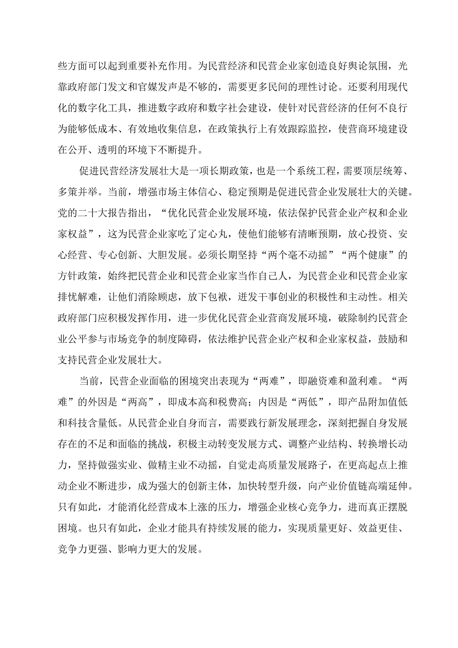 (5篇）2023年贯彻落实《关于促进民营经济发展壮大的意见》心得体会发言稿.docx_第2页