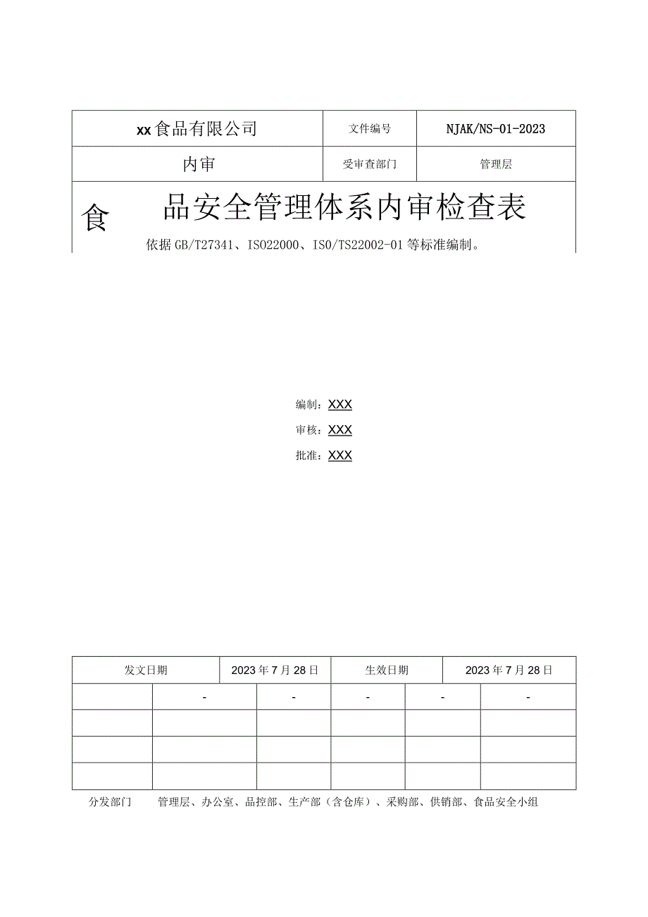 食品安全管理体系内审检查表（管理层）范文.docx_第1页