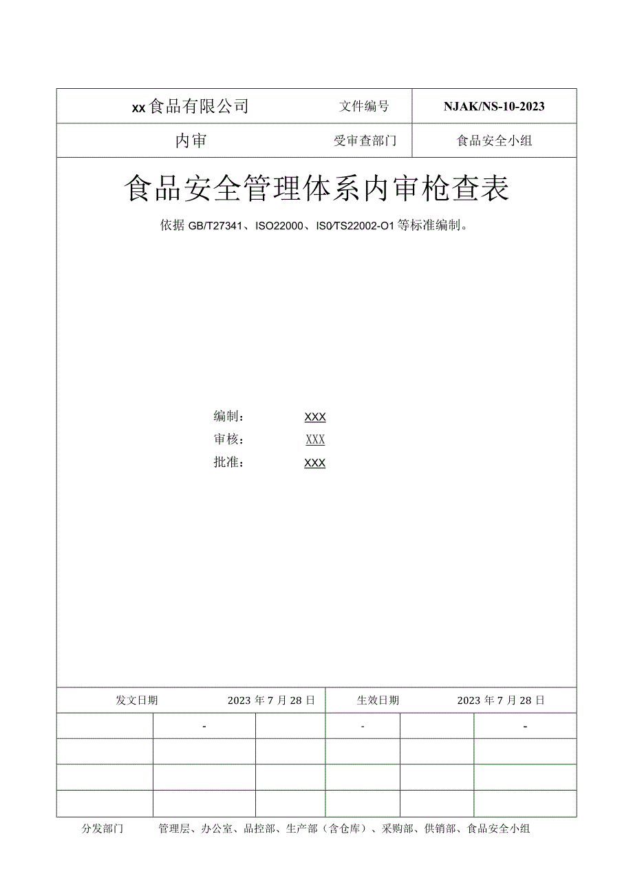 食品安全管理体系内审检查表（食品安全小组）范文.docx_第1页