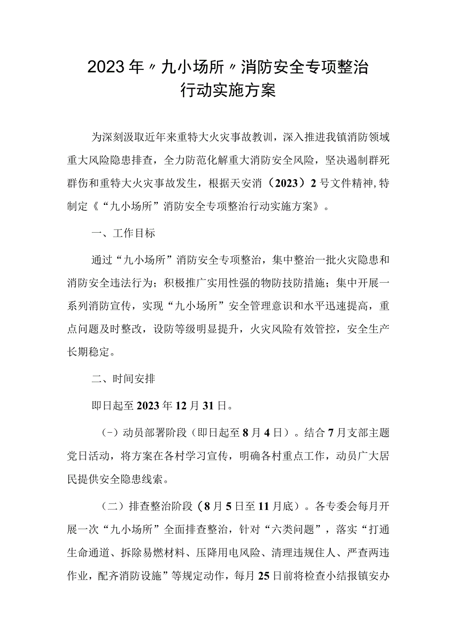 2023年“九小场所”消防安全专项整治 行动实施方案.docx_第1页