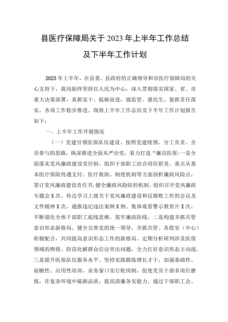 2023年上半年工作总结及下半年工作计划 (医疗保障局).docx_第1页