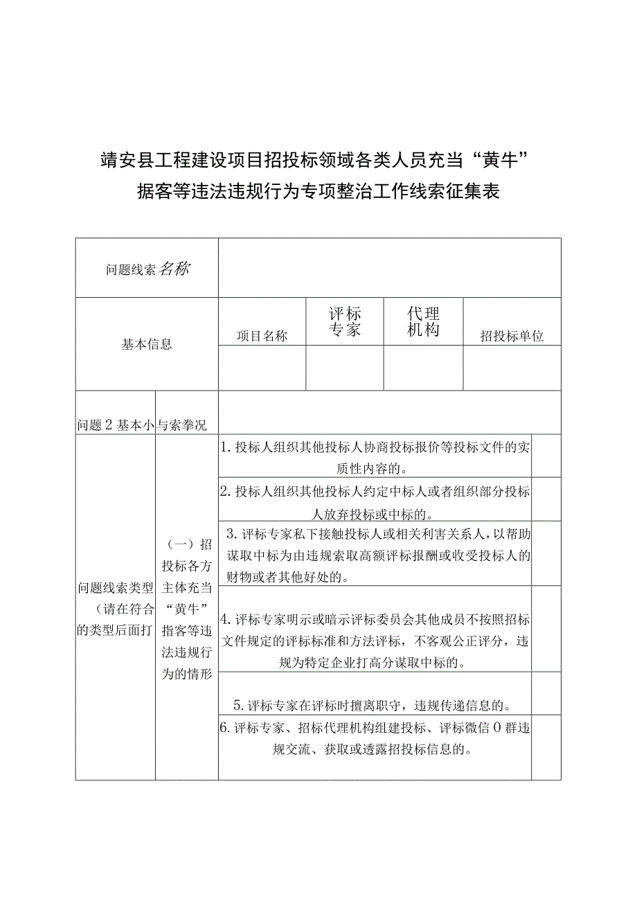 靖安县工程建设项目招投标领域各类人员充当“黄牛”掮客等违法违规行为专项整治工作线索征集表.docx_第1页