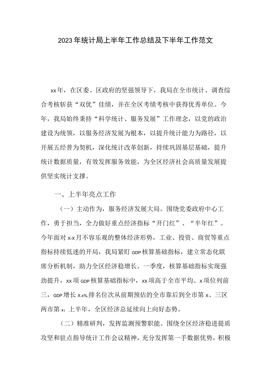 2023年统计局上半年工作总结及下半年工作范文.docx_第1页