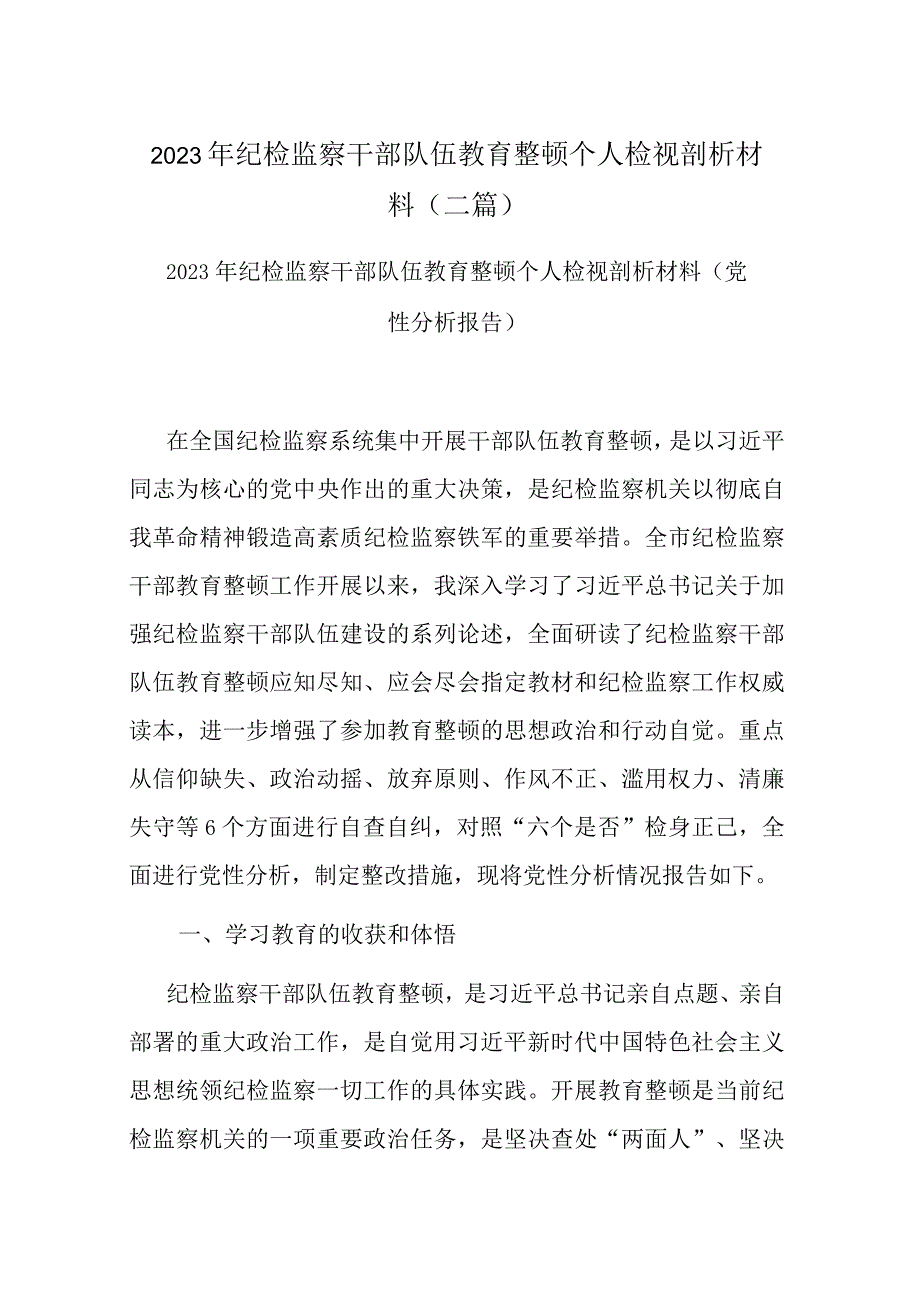 2023年纪检监察干部队伍教育整顿个人检视剖析材料（二篇）.docx_第1页