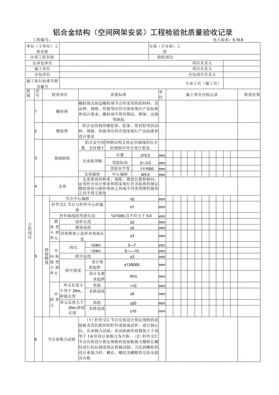 5.16.8铝合金结构（空间网架安装）工程检验批质量验收记录.docx_第1页