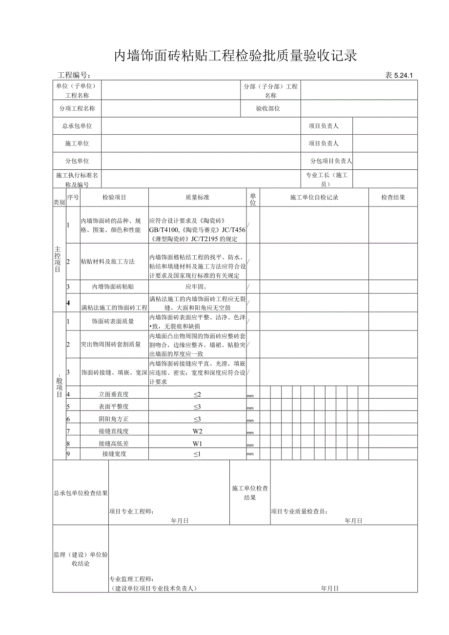 5.24.1 内墙饰面砖粘贴工程检验批质量验收记录.docx_第1页