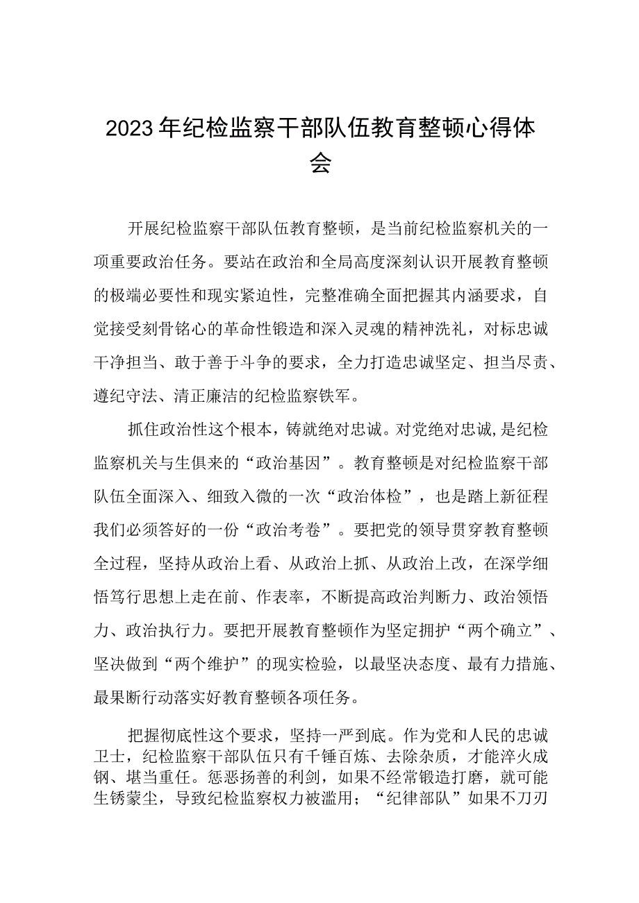 2023纪检干部队伍教育整顿学习心得(八篇).docx_第1页