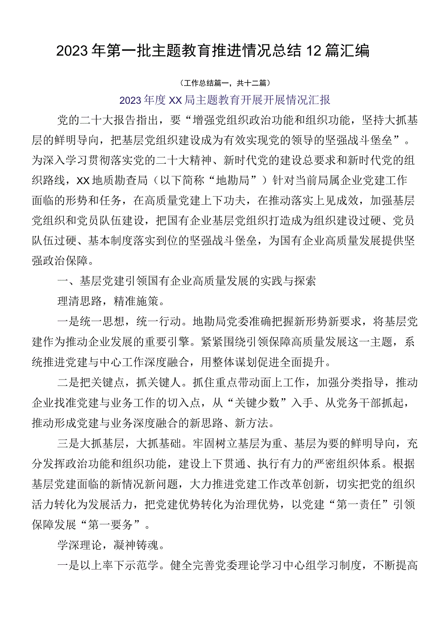 2023年第一批主题教育推进情况总结12篇汇编.docx_第1页