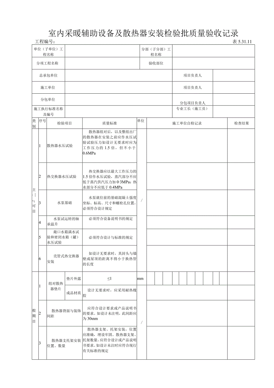 5.31.11室内采暖辅助设备及散热器安装检验批质量验收记录.docx_第1页