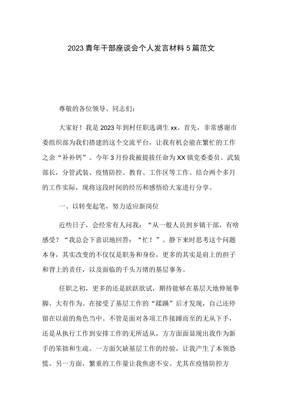 2023青年干部座谈会个人发言材料5篇范文.docx_第1页