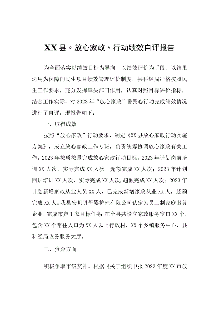 XX县“放心家政”行动绩效自评报告.docx_第1页