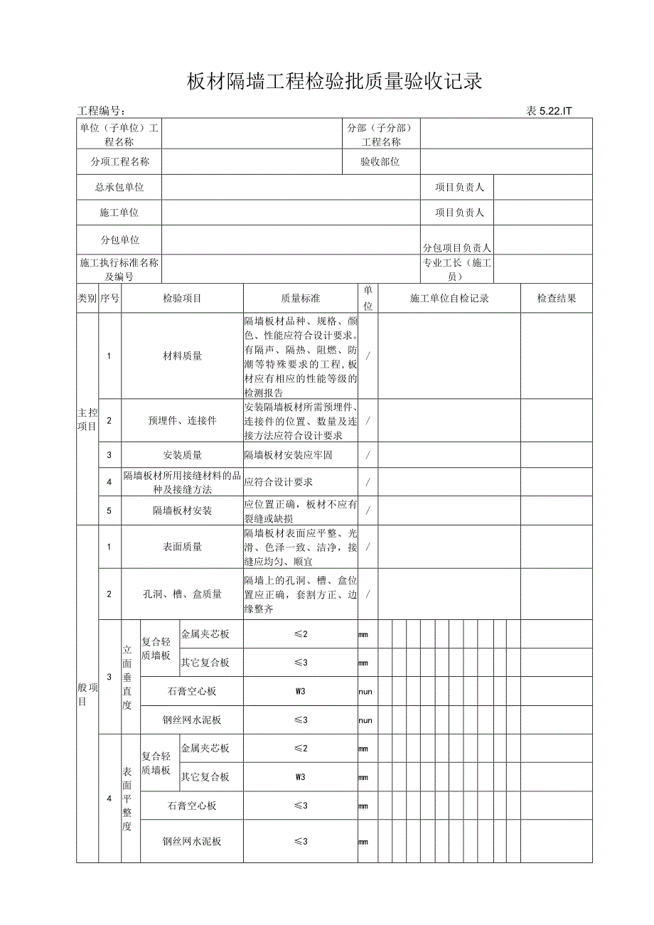 5.22.1-1 板材隔墙工程检验批质量验收记录.docx_第1页